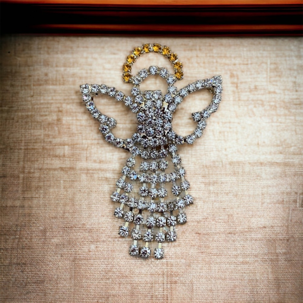 Gorgeous Angel Vintage Silver Gold Halo Rhinestone Dangle Brooch Pin